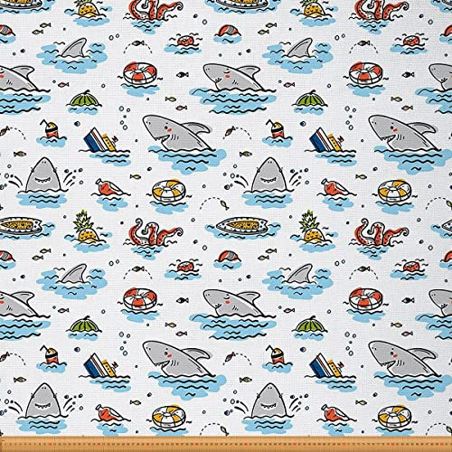 Hai Stoff Meterware Karikatur Ozeanwellen Polsterstoff Schiffskraken Tentakel Dekorstoff Fisch Obst Rettungsring Stoff für Drinnen Draußen Meer DIY Kunst Wasserdichter Stoff Bunt 92 x 150 (HxB)