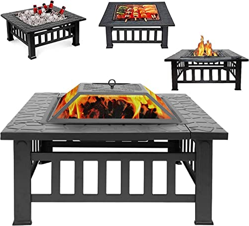LEAYAN Garten-Feuerstelle, Grillschale, Grillgestell, 32-Zoll-Holzbefeuerung, Feuerstelle im Freien, rechteckiger Metall-Kamin, Tischplatte, Feuerschale mit Funkensieb, für Camping-Lagerfeuer