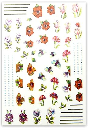 3 Blatt Nagelsticker - hauchdünne Stick On Nail Slides - Selbstklebende Nail Sticker mit Metallicfolie, Blumen