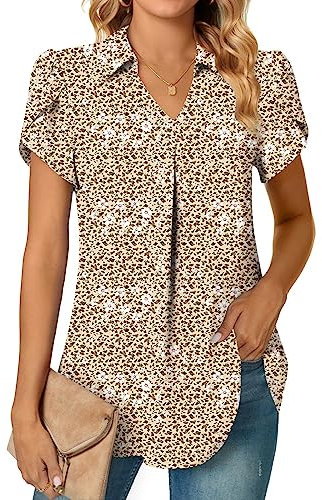 Aodemo Women's Summer Dressy Collared V Neck Chiffon Blouse Short Sleeve Tunic Tops Casual Pleated T-Shirts L, Leopard Beige