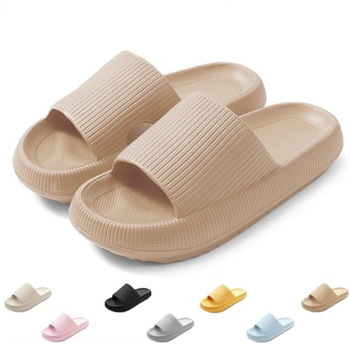 QJJQ Badeschuhe Herren Damen Cozislides Original Slippers Wolke Schlappen Super Weich Rutschfest Badelatschen Hausschuhe Sommer Pantoletten Badeschlappen Flip Flops,Khaki, 44-45 EU