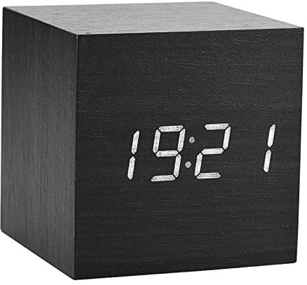 Moderner digitaler Wecker aus Holz, Holzwecker, kleine moderne LED-Würfel-Digitaluhr mit Uhrzeit, Temperatur in C/ F, Thermometer, Wecker, Sprachsteuerung, für Schlafzimmer, Wohnzimmer, Büro (Schwarz)