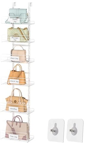 Aokitsink Hanging Purse Handbag Organizer Rack with Name Plate, Over The Door Detachable Bag Storage Rack - Can Use As 1/2 Part, Wall Mounted Adjustable Bag Rack with Stickers & Tapes, White