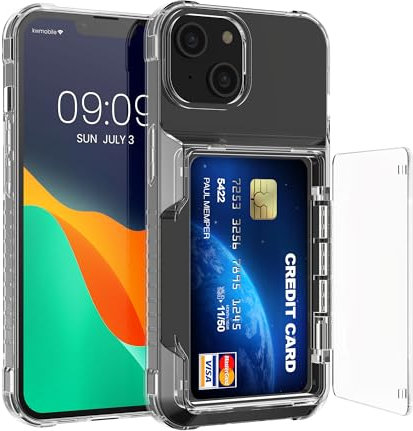 kwmobile Case with Card Holder Compatible with Apple iPhone 13 Case - Clear Hard Cover with Soft Bumper - Transparent