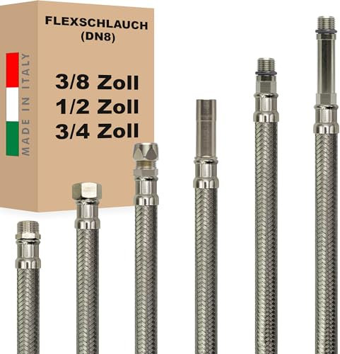 Flexschlauch DN8 3/8 - 1/2 - 3/4 - M10 Edelstahl Panzerschlauch Sanitär WC Bad Dusche Küche - Made in Italy (3/8 ÜM x 3/8 AG, 30 cm)