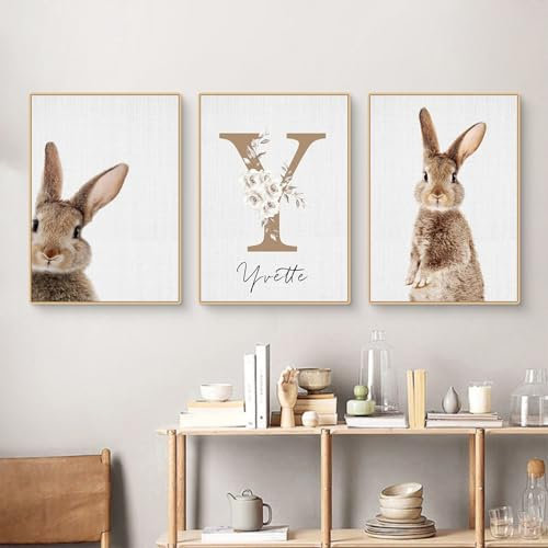 CULASIGN 3er Premium Kaninchen Poster Set, Tiere Hase Bilder Kinderposter Leinwand Wandkunst, Wandbilder Deko für Kinderzimmer Babyzimmer Mädchen Jungen, Ohne Bilderrahmen (21x30cm,JKL)