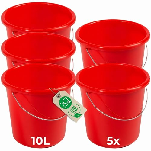 Novaliv 5 Stück Eimer 10L Rot mit Maßeinteilung - Putzeimer 10 Liter ? 28,5 cm Praktischer Allrounder mit Skala für Haushalt & Garten ideal als Haushaltseimer, Wassereimer, Wischeimer, Bucket