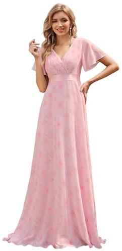 Ever-Pretty Women's Double V-Neck Short Flutter Sleeves Empire Waist Elegant Chiffon Long Evening Dresses Light Purple Roses 26UK