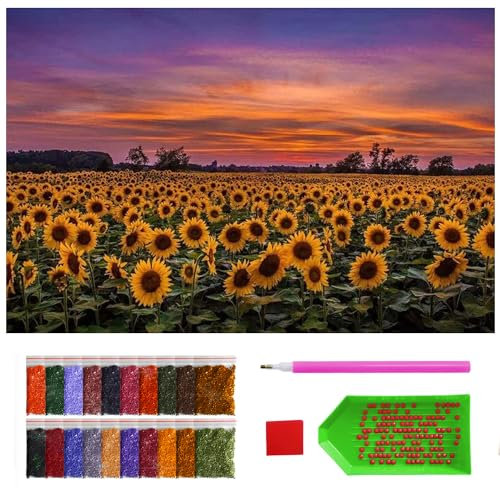 ARTULIO Diamond Painting Set - Feld von Sonnenblumen bei Sonnenuntergang - 40x60 cm - Groß XXL - 5D Diamant Painting Bilder DIY, Diamond Painting Erwachsene