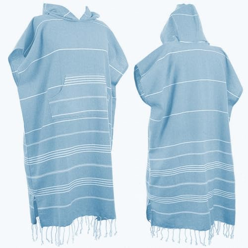 1pcs Large Turkish Cotton Poncho Towel Surf Poncho Changing Robe with Hood and Front Pocket Absorbent Wearable Towel Hooded Beach Towel for Adult Man Women Beach Pool (Emerald Blue, Medium)