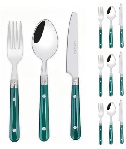 Two Nail Plastic Handle Kitchen Stainless Steel Silverware Tableware Flatware Cutlery Set Steak Knife Fork Spoon Teaspoon (Green,12 Pieces)