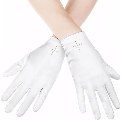 Kommunionhandschuhe für Mädchen im Alter von 4 bis 8 Jahren, satinische weiße Handschuhe für Mädchen mit Strass, atmungsaktive Prinzessin-Handschuhe für Hochzeitsleistung Taufe Cosplay, weiße Handsch