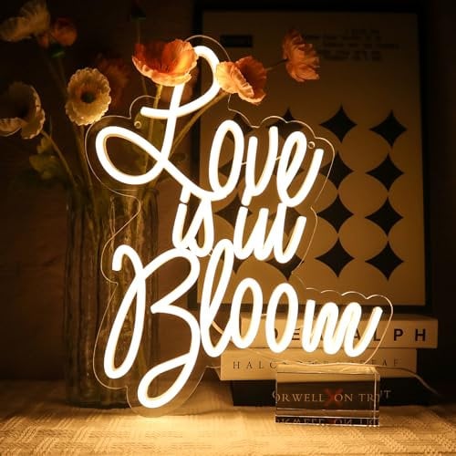 OYCGZV Panneau néon « Love Is In Bloom » - Blanc chaud - LED - Inscription murale - USB - Pour chambre à coucher, table de chevet, salle de jeux, fête, salon de coiffure - Cadeau pour filles et amis