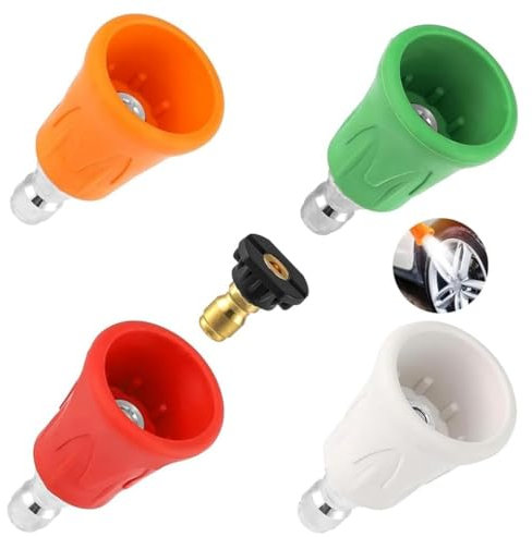 Funnytek 5Pcs Pressure Washer Nozzle Guard with Upgraded Rubber Protector Cover Stainless Steel Washer Nozzle Tips 0, 15, 25, 40 Degree Pressure Washer Nozzles and Soap Nozzle (Orifice 4.0)