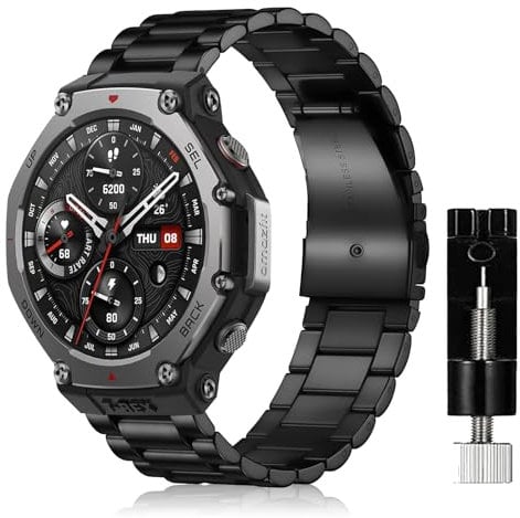SeNool Armband Kompatibel mit Amazfit T-Rex 3, [Metall Ersatzarmband] [Edelstahl] [Schweiß und Korrosionsbeständig] [Faltschließe] Uhrenarmband für Amazfit T-Rex 3 - Schwarz