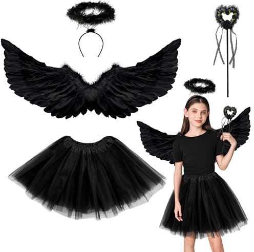 Goenb alas de ángel, 63 * 33cm negro alas de ángel y halo de la pared ángel disfraz de accesorios con falda de tul Tutu para las mujeres niñas para Halloween Navidad Carnaval fiesta temática