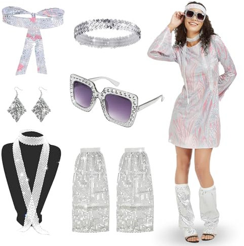 FORMIZON Hippie Kostüm Damen, 60er 70er Jahre Bekleidung Mode Pailletten Disco Hippie Kleidung Damen Kostüm mit Hippie Brille Haarband Halskette Ohrringe,Faschingskostüme für Karneval (Rosa, L)