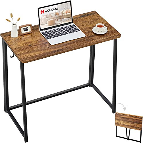 WOHOMO Folding Desk, Small Writing Desk Space-Saving Foldable Laptop Table Writing Workstation for Home Office, Easy Assembly, Rustic Walnut