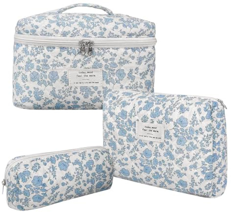 Makeup Bag for Women, Cotton Quilted Cosmetic Bag, Travel Makeup Organizer Set, Floral Toiletry Bag for Women, Cosmetic Bag for Teens Girls, Quilted Flower Makeup Pouch, Portable Makeup Travel Bags,