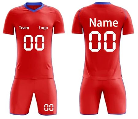 Personalised Football Jersey für Kinder Erwachsener Fußball Trikot Set mit T-Shirt und Shorts Fussball Set Customisable Namen Nummer Team und Logo