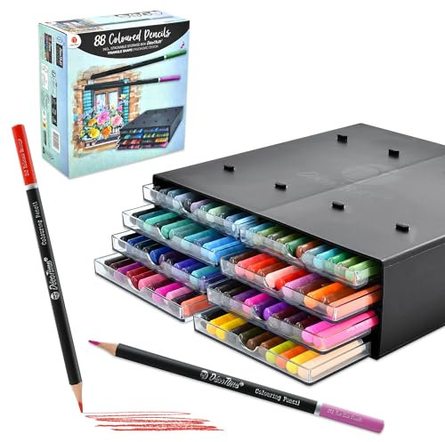 Decotime Coloured Pencil Set with Unique Stackable Storage Tray - 88 Artist Pencils, Vibrant Shades - Professional Art Supplies for Adults, Children 3+ - Smooth Blendable Colouring Pencils for Drawing