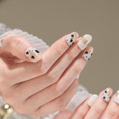 Sun&Beam Nails Handmade Press-on Short Square White Black Gold Ombre Hand-Painted Design Fashion False Nail Tips 10 Pcs Set (#220 XS)