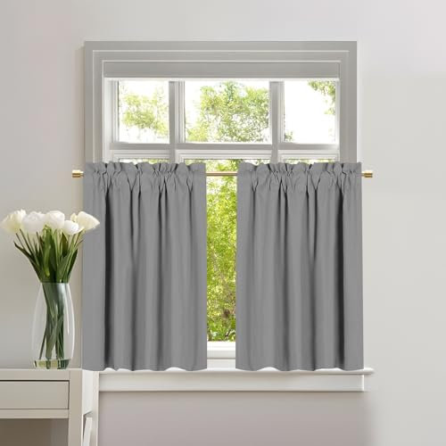 BTTO Rideau Occultant Court Passe Tringle, Lot de 2 Thermique Petit Rideau sous Evier, Moderne Decoration pour Petites Fenêtres de Cuisine, Porte Placard, Gris, L85 x H61cm