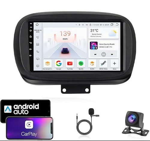 Autoradio Android 14 Double Din con touch screen per Fiat 500X 2014-2020 con Bluetooth, navigazione GPS, WiFi, radio FM, USB/SWC/Plug and Play, supporto Carplay e Android Auto + telecamera per la re