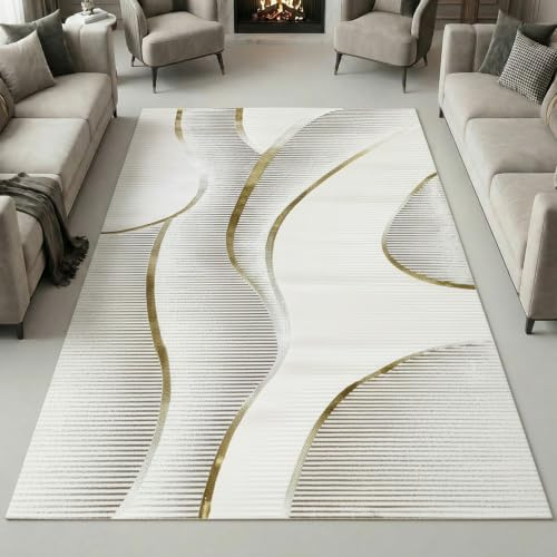 Teppich-Traum Kurzflor Teppich Wellenmuster Creme Weiß Gold 200x290 cm | Pflegeleicht, schmutzabweisend, strapazierfähig, angenehm weich, seitlich gekettelt, fußbodenheizungsgeeignet, 8 mm Flor