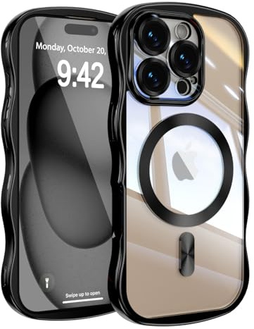 UEEBAI for iPhone 16 Pro Max Case, Cute Wave Translucent Frame Magnetic Phone Case Compatible with Magsafe Full Camera Protection Cover Soft Electroplated Phone Cover for Women Girls - Black