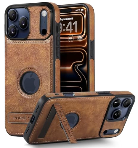 BinBoom Leather Case for iPhone 17 Pro Max, with Kickstand, Brown | Thin Flexible Soft Grip, Luxury Retro PU Leather + TPU Cover, Shockproof Drop Protection