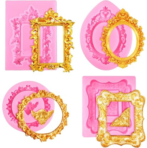 Silikonformen-Set mit Fotorahmen im Barockstil, für elegante Cupcake-Topper, Kuchendekoration, Schokolade, Modelliermasse und Verzierungen, 4-teilig