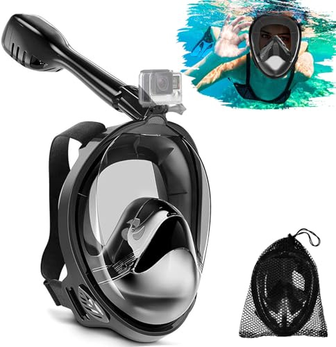 ZPQAODI Máscara de esnórquel, máscara de Buceo para Adultos, antivaho y tecnología antifugas, con Campo de visión 180 y Soporte para cámara para Adultos (L/XL, Negro)