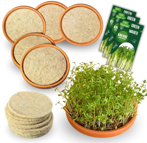 NEU! XXL Green MaGeo Kresse Anzuchtset - 5 Kresse Anzuchtschalen mit 10 Anzuchtmatten Jutte und 3 Maxi Packungen Kressesamen, ideal für die Kresse Anzucht und als Microgreens Anzuchtset
