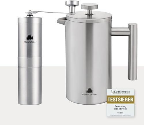 Groenenberg Spar Set 1 | French Press Thermo 600ml + Kaffeemühle manuell | Edelstahl Kaffeepresse Kaffeebereiter + Handkaffeemühle