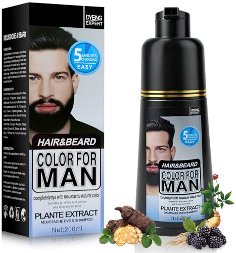 Barbe & Moustache Noir Coloration Homme, Instant Élimine les Poils Blancs pour Barbe, Moustache & Cheveux, 3 in 1 Barbe Teinture, Shampoing & Conditioner pour Épais, Volumineux & Naturel Aspect 200ML