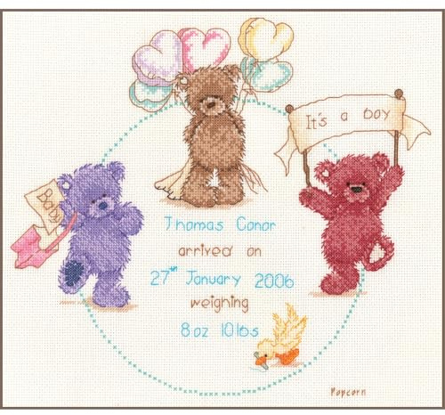 Vervaco Popcorn Celebration Birth Sampler Counted Cross Stitch, Multi-Colour