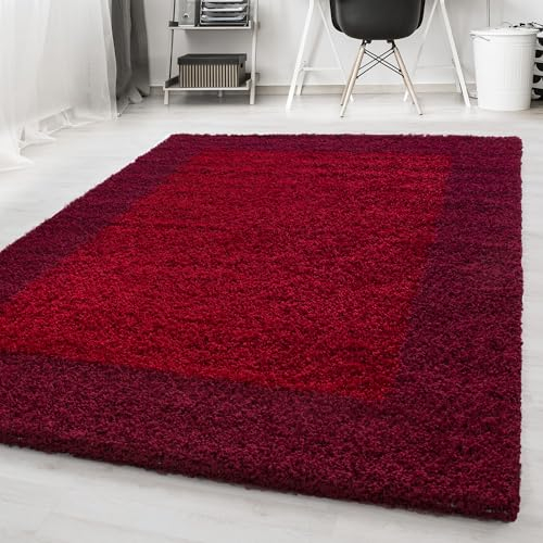 Carpetsale24 Hochflor Teppich Shaggy mit Bordüre 240x340 cm Rot, 2-farbig, flauschig & weich, modernes Design, rechteckig, perfekt für großzügige Wohnräume