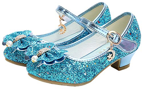 YOSICIL Mädchen Prinzessin Schuhe ELSA Schuhe mit Absatz Anhänger Kristall Schuhe Partei Glitzer Pumps Festliche Schuhe Karneval Party Aufführung Fasching Kostüm Zubehör Schuhe,Blau,34