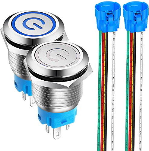 Gebildet 2pcs 19mm Interruttori a Pulsante ad Aggancio in Acciaio Inossidabile, 12V-24V 5A LED 1NO1NC SPDT ON Off Interruttore a Levetta Impermeabile con Spina a Filo (Blu+Bianca)