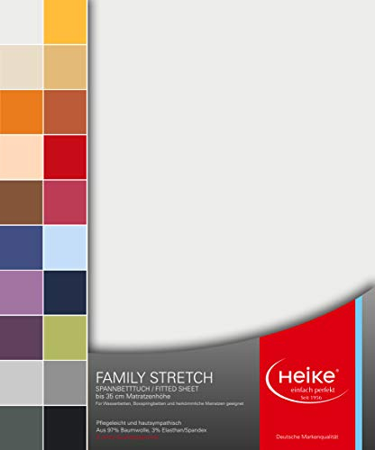 Heike Spannbettlaken Jersey Family Stretch 97% Mako-Baumwolle 3% Elastan Deutsche Markenqualität 230 gr/m2 bis 35 cm Höhe für Wasserbetten Boxspringbetten und herkömmliche Matratzen (Weiss)
