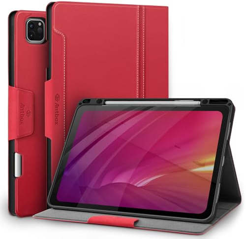 Antbox Case for iPad Pro 12.9 5th/4th/3rd Gen with Pencil Holder Support Apple Pencil Wireless Charging [Stable Typing Angle] PU Leather iPad Pro 12.9 2021/2020/2018 Case (Red)