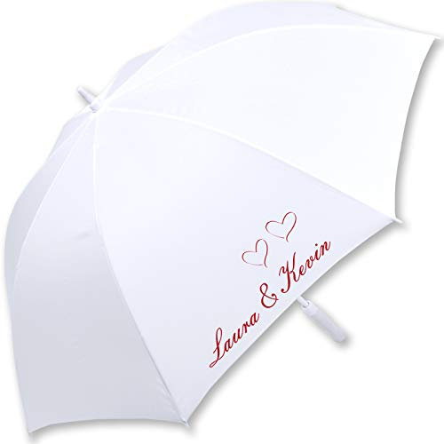iX-brella XXL Hochzeits-Stockschirm Automatik - All In White - Namen und Herzen personalisiert mit Namen