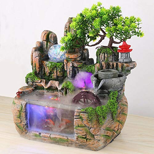 TFCFL Simulation Steingarten Wasserfall Desktop Brunnen Bonsai Aquarium Desktop Ornament Home Decor Grünpflanze Geschenk mit bunten Licht(Zerstäubungseffekt EU Stecker 220V)