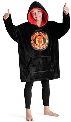 Manchester United F.C. Boys Oversized Fleece Hoodie, Hooded Poncho, Cosy Loungewear - Gifts for Boys (Black)