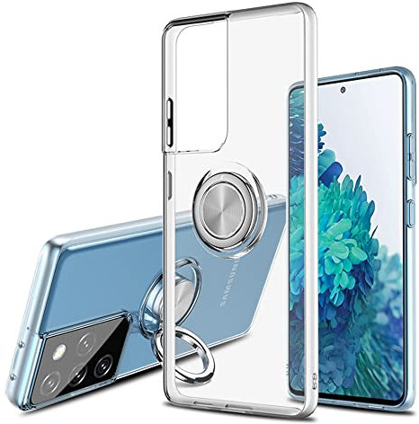 SORAKA Cover trasparente per Samsung Galaxy S21 Ultra 5G con anello rotante a 360 gradi e piastra metallica per Supporto Auto Smartphone Magnetico,Custodia in TPU trasparente Ultrasottile