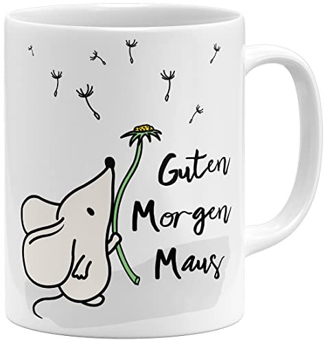 OM3® Guten Morgen Maus Tasse mit Spruch Statement - Keramik Becher - 325ml - Beidseitig Bedruckt - Weiss