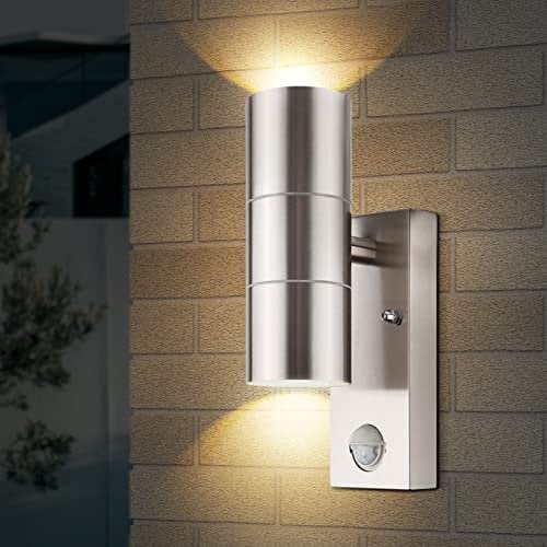 TJCoLUX Stainless Steel Up Down Wall Light with PIR Sensor, Mains Powered Exterior Outdoor Wall Lamp, IP44, for Garden, Patio, Porch, Pathway (Include 2 GU10 Bulbs)