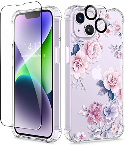 GVIEWIN Kompatibel mit iPhone 14 Hülle 6,1 Zoll 2022,mit Displayschutz Schutzfolie+Kamera Schutzfolie,Blume Klar TPU Dünne Stoßfest Kratzfestes Weiche Handyhülle Schutzhülle,Pfingstrose/Rosa