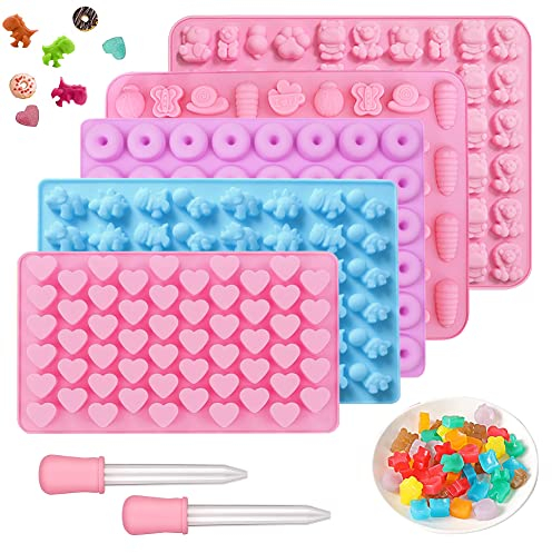 SCHYIDA 5 Stück Gummibärchen Formen Silikon Gummibärchenformen Gummibärchen Selber Machen Set Fruchtgummi Form Silikon Bonbonformen Mini Süssigkeit Form Pralinenformen Herz Stern Bär mit 2 Dropper